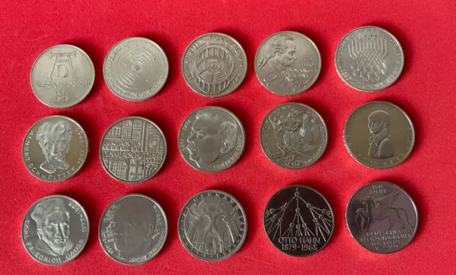 15 Stück 5 DM Gedenkmünzen aus den 1970er Jahren - Silber - Konvolut -