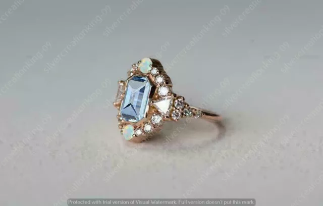 23Ct Radiant Simulated Aquamarine/FireOpal/Diamond Ring 925 SterlingSilverPlated 3