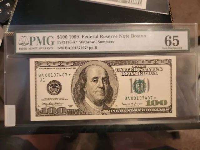 100 dollar bill star*note Series 1999  BA low Serial Number PMG65