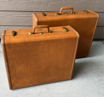 Samsonite Shwayder Bros 1950's Luggage Set Saddle Tan Suitcase Hard Case No Keys