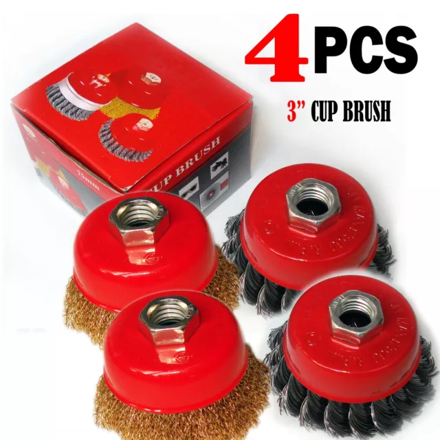 4 PCS  3" x 5/8" 11 NC FINE  Wire Cup Brush  - For Angle Grinders Wheel