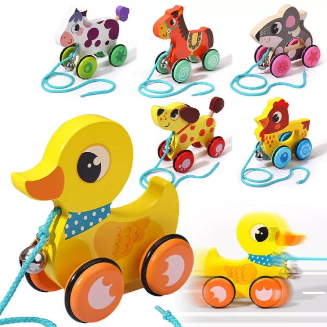 Wooden Pull Along Walking Cartoon Animal Car Baby Girls Boys Kids Xmas Gifts