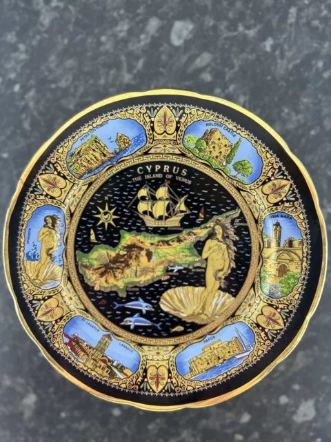 Cyprus Black and 24k Gold Ceramic Souvenir Plate Handmade In Greece