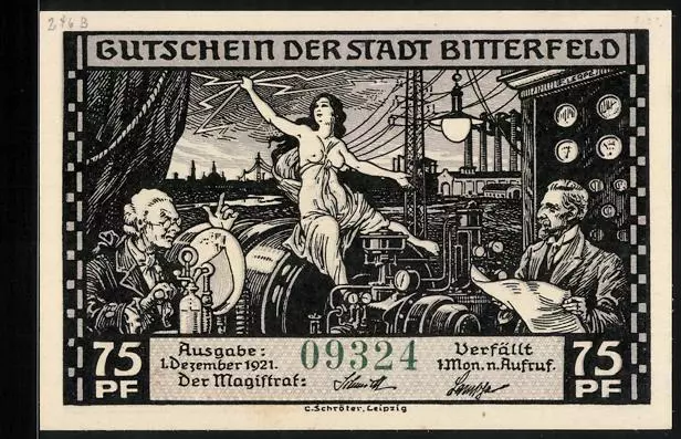 Notgeld Bitterfeld 1921, 75 Pfennig, Elektrizitätswerk mit allegorischer Figur,