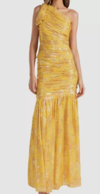 $730 Shoshanna Women Yellow Sia Sunrise Ruched Floral Jacquard Gown Dress Size 2