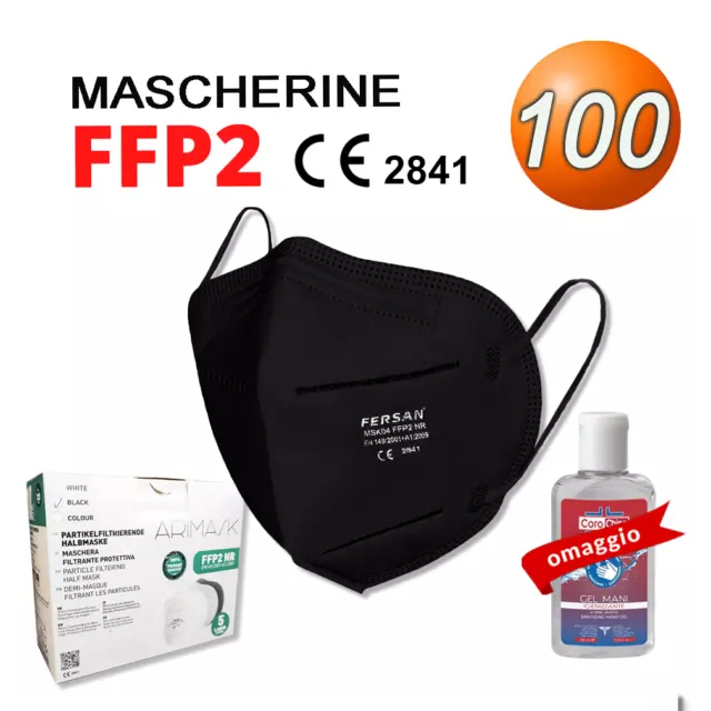 100 Mascherine FFP2 protettive 5 strati certificate CE 2841 Nera senza valvola