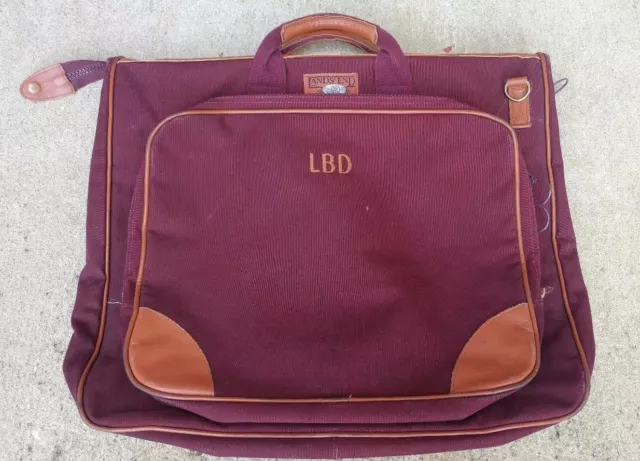 Vintage Lands End Deluxe Square Rigger Canvas Leather Garment Bag Burgundy USA
