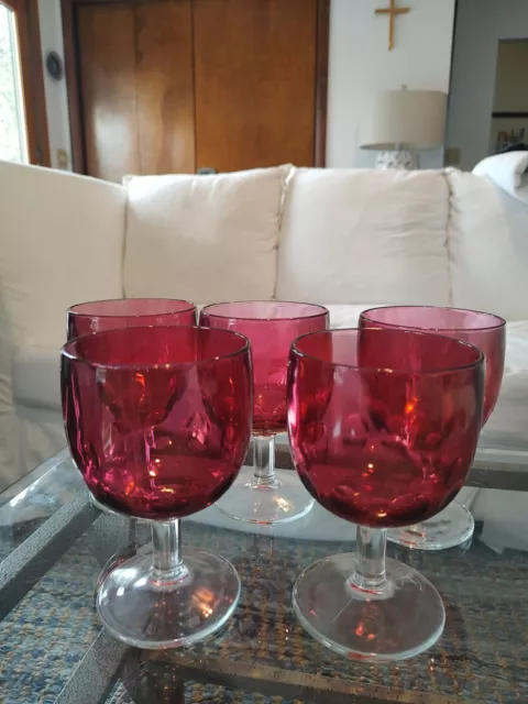 Bartlett Collins Cranberry Ruby Red  Flash 5 Water Goblets Heavy Clear Stem