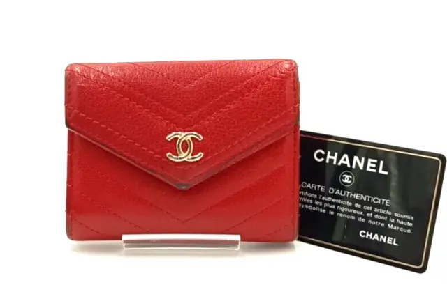 Authentic CHANEL Coin Case Wallet Purse Leather Red