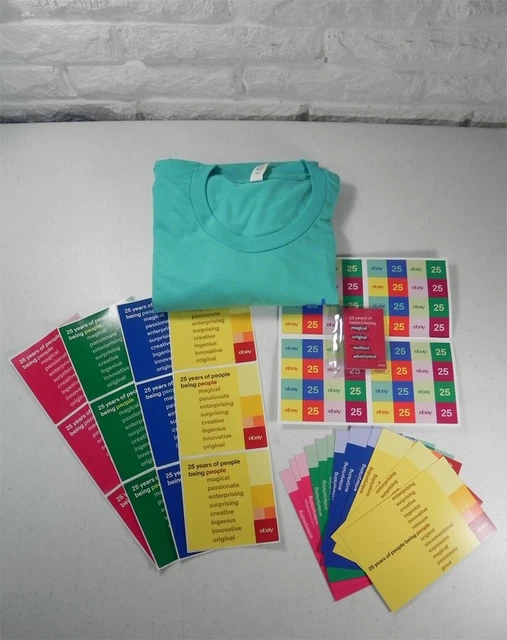 Ebay 25th Anniversary T Shirt XL Turquoise Pins Stickers Postcards New