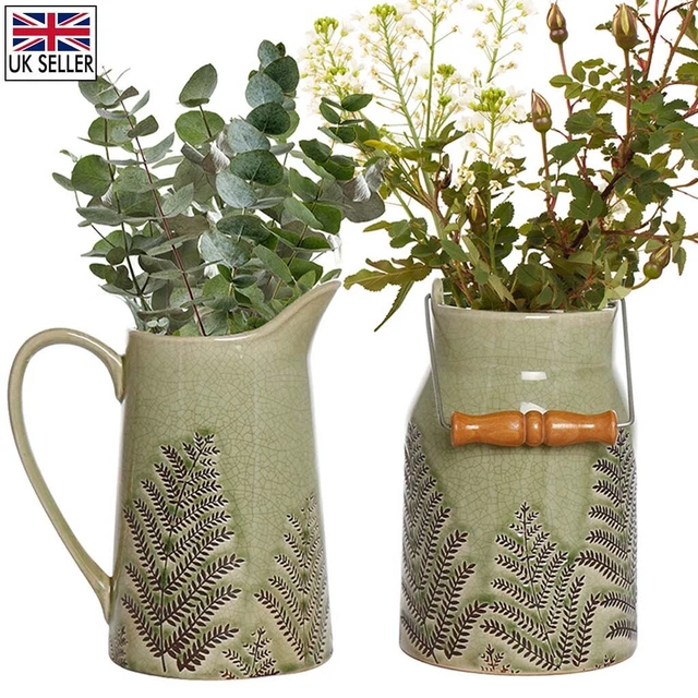 Green Ceramic Pitcher Flower Vase Churn Jug Pot Home Decor Table Centerpiece