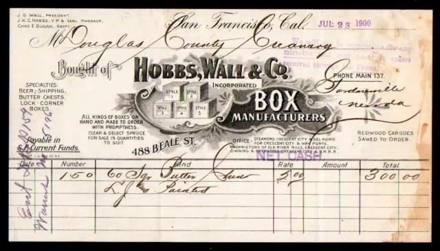 1900 San Francisco Ca -- Hobbs Wall & Co - Box Manufacturers - Letter Head Bill