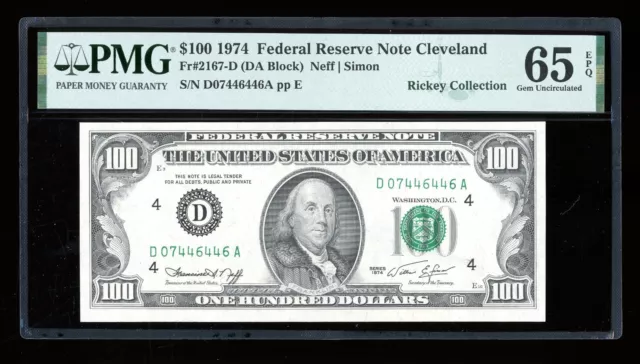 DBR 1974 $100 FRN Cleveland Fr. 2167-D Gem PMG 65 EPQ Serial D07446446A