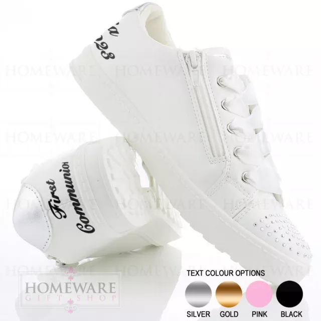 Girls Personalised Communion Trainers Shoes Pumps Wedding Satin Lace Up White