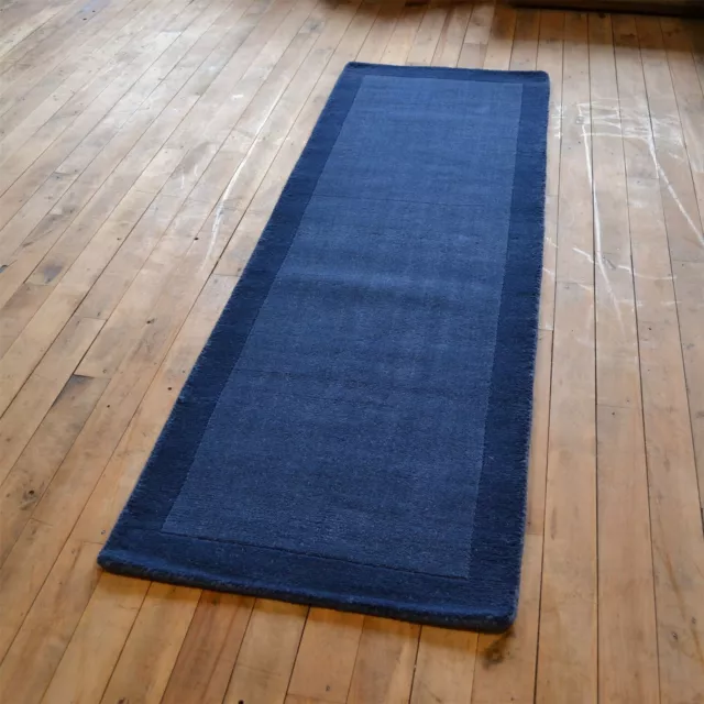 Borders Navy Blue Modern Woolen Runner Rug For Hallway - Long 67x200cm