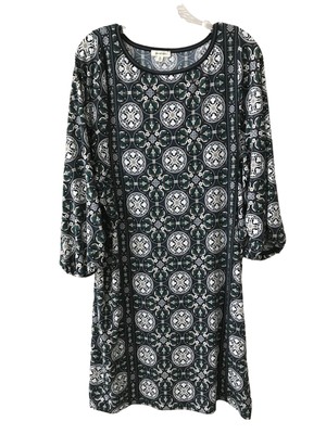 Max Studio Dress Blue Stretch Geometric Pattern Women's Size XL Bell Sleeves