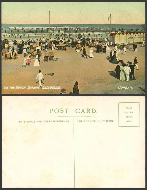 Südafrika alte Postkarte Durban Badegehege, am Strand, Badekabinen