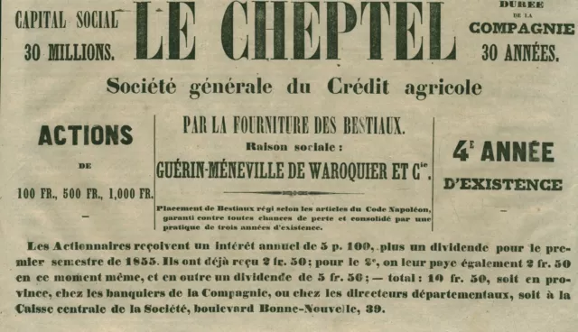 Document ancien Cheptel Société Générale du Crédit Agricole 1856 issu magazine