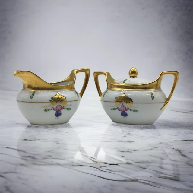 Antique 1910 R S Tillowitz Silesia Cream & Lidded Sugar Set Pickard Hand Painted