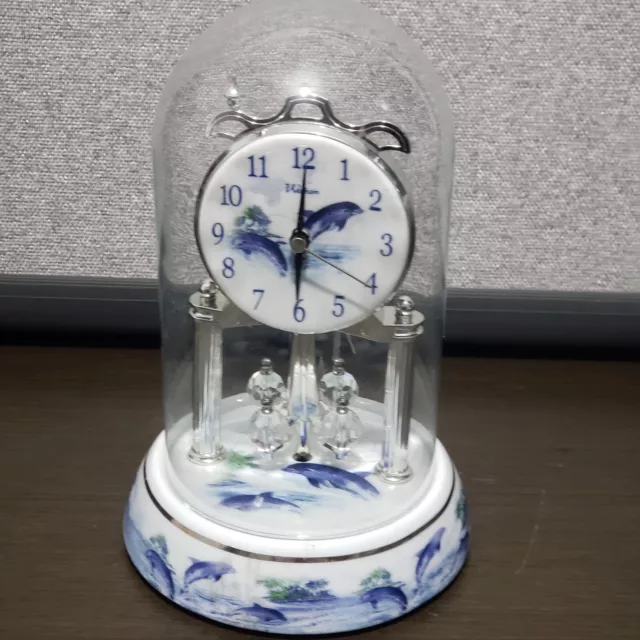 Vtg Waltham Anniversary Chime Glass Clock Ocean Dolphin Theme w/ Glass Dome 10"