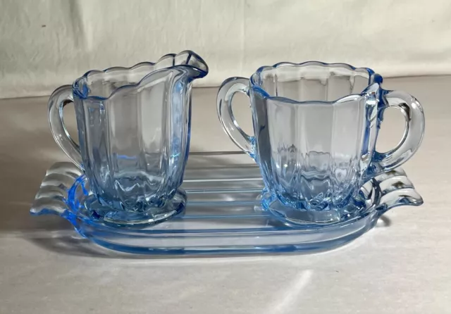 New Martinsville Light Blue Janice Creamer And Sugar With Tray