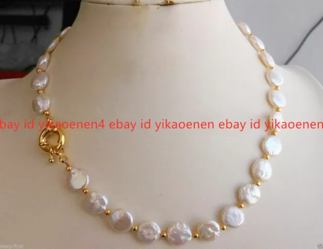 Genuine 12-13mm Natural White Coin Freshwater Cultured Pearl Necklace 18'' AAA++ 2
