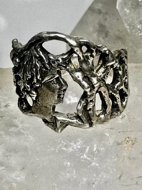 Lady face ring naked women forest trees size 10 art deco style sterling silver w