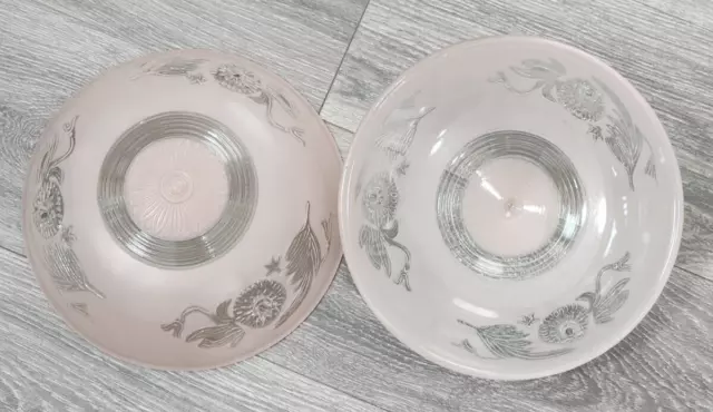 Set of 2 Vtg Art Deco Ceiling Light Fixture Shade Pink Frosted Glass 3 Holes 10"
