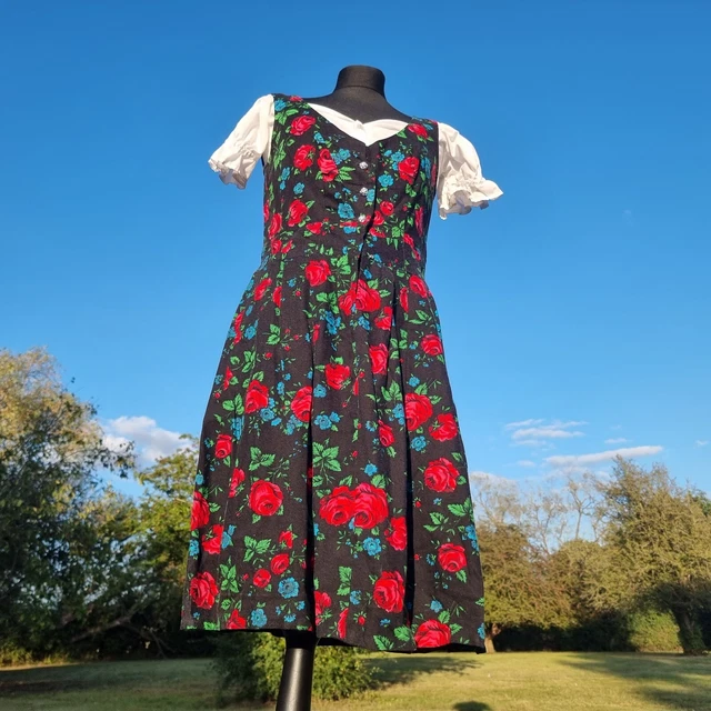 Abito dirndl vintage anni '70 nero e rosso rosa tedesco bavarese taglia 14-16