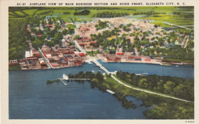 Postcard Airplane View Main Street River Front Elizabeth City North Carolina