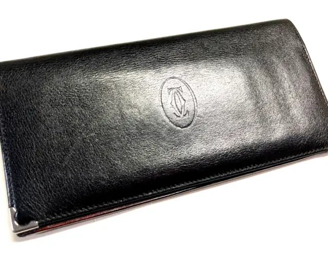 Cartier Vintage Cabochon Cc Logo Metal Edges Leather Long Wallet France Black