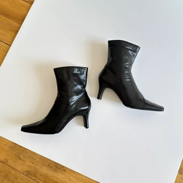 Vintage 90s Black Leather Boots Sz 8.5 Square Toe Heeled Nine West Ankle