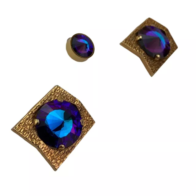 VTG 60s 70s Rivoli Crystal Glass Cufflinks Tie Pin Set Gold Purple Blue Square