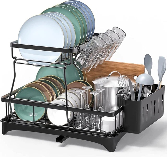 Estante de secado de platos grande con tablero de drenaje de acero inoxidable contador desmontable negro