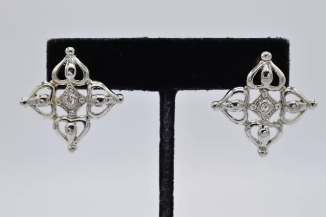 Vintage Statement Earrings Silver Rhinestone Crystal Geometric Heart Abstract 9L