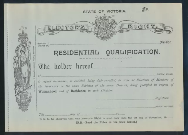 AUSTRALIA: Victoria 1909 Type 1 "ELECTOR'S RIGHT FOR WOMANHOOD" Historic & Rare!