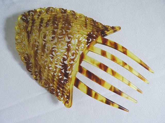 Pettine Capelli Antico Vittoriano Edoardiano Finto Guscio di Tartaruga Trafitto Donna Mantilla