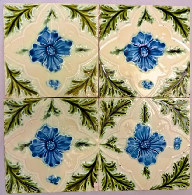 Tile Majolica Vintage England Art Nouveau Porcelain Flower Purple 4 Piece Set#11