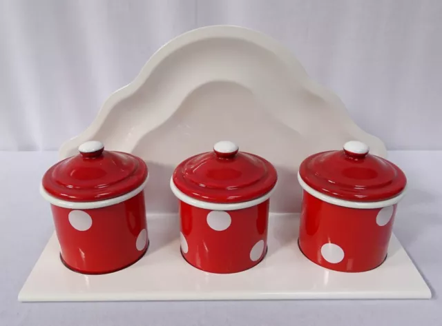 Emaille Gewürzbord, Wandbord, Küchen Wandhänger mit 3 Behälter Tupfen Rot Weiß