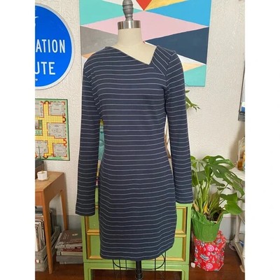 Kate Spade Saturday Navy Stripe Ponte Knit Sheath Dress Asymmetrical Neck Size M