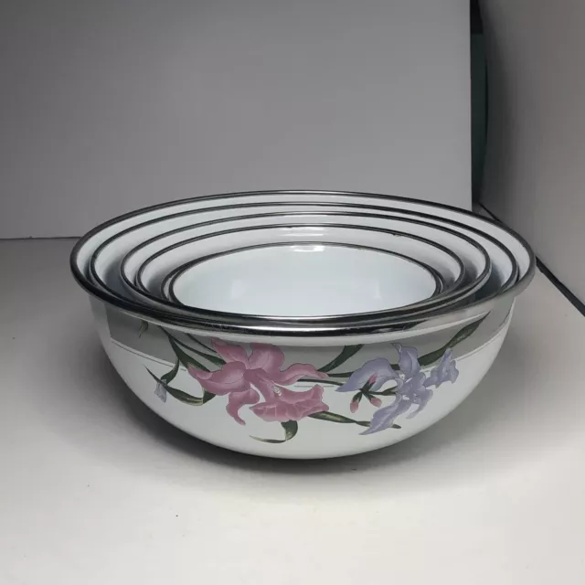 Vintage Set of 6 GMI Iris Floral Enamel Metal Nesting Mixing Bowls No Lids