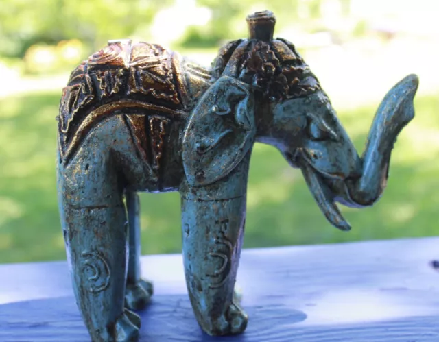 Blue Elephant Statue Figure hand Carved Painted Wood Balinese Art Boho Decor