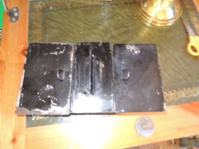 Caja de lata negra vintage 2 tapas con bisagras 1 deslizante, caja de artistas de principios de 1900