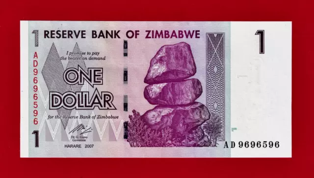 RARE ONE 1 DOLLAR 2007 ZIMBABWE UNC BANKNOTE (Pick-65) - Signature: Dr. G. Gono