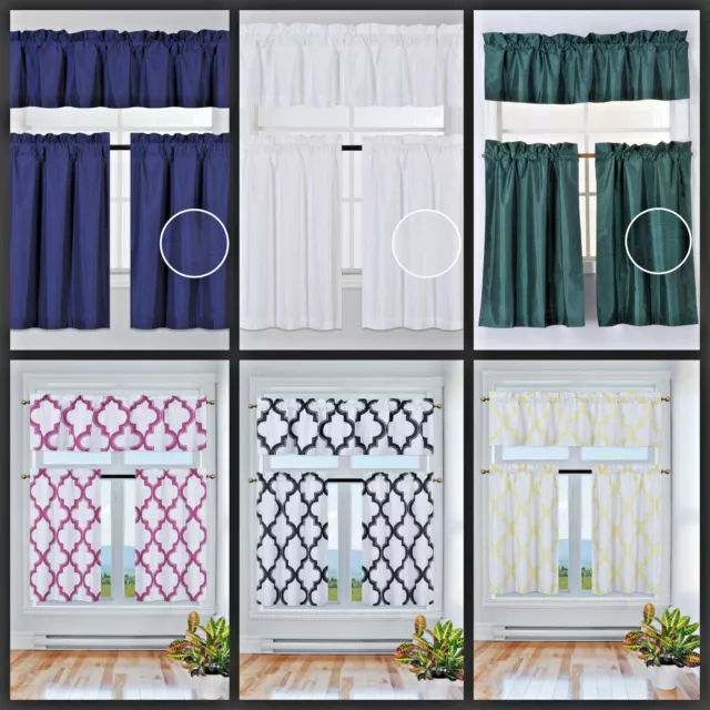 3Pc Set Geometric Pattern Lined Window Kitchen Curtain Rod Pocket Top Panel
