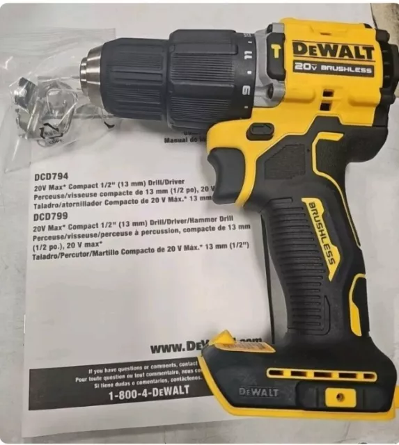 New DEWALT DCD799 ATOMIC 20V MAX Brushless 1/2” Hammer Drill
