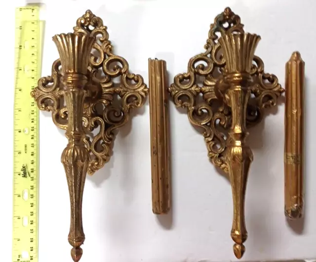 Vtg Cast Iron Wall Sconce Candle Holder Gold 11" Décor with Candles READ
