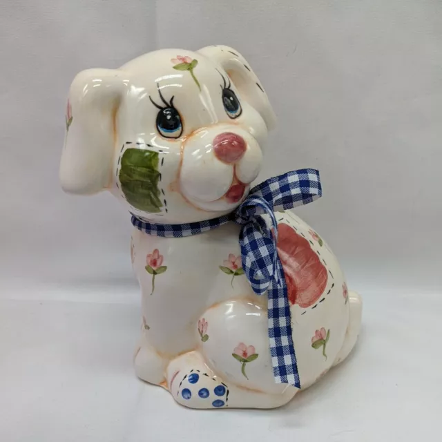 White Puppy Dog With Flowers And Plaid Blue White Bow Glossy Ceramic Coin Piggy