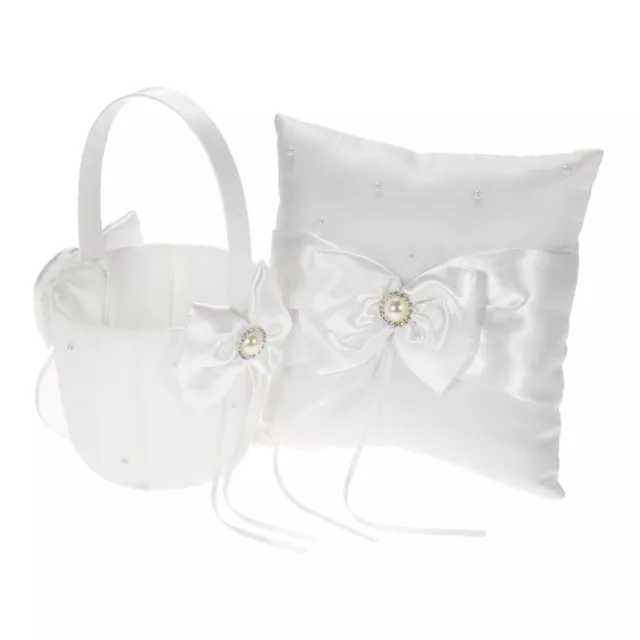 Wedding Ring Pillow & Flower Girl Basket Set White Satin Bowknot Rhinestone J2G9 3