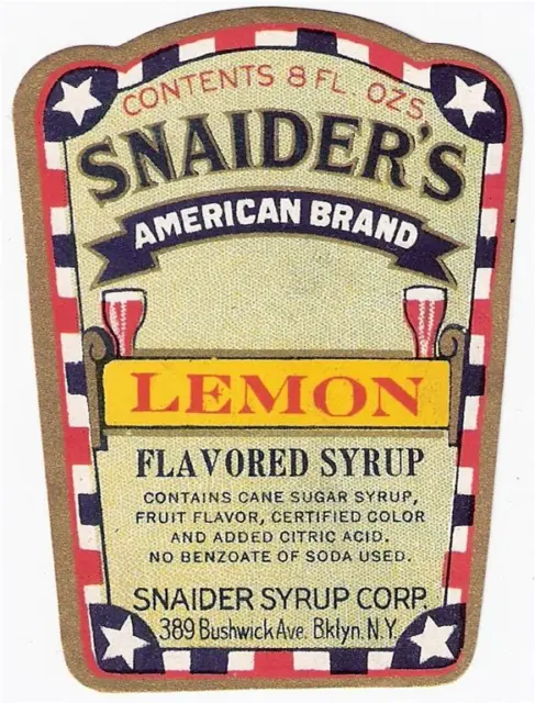 2 Vintage Snaider's Lemon Syrup Soda Labels Snaider Syrup Corp. Brooklyn, N. Y.